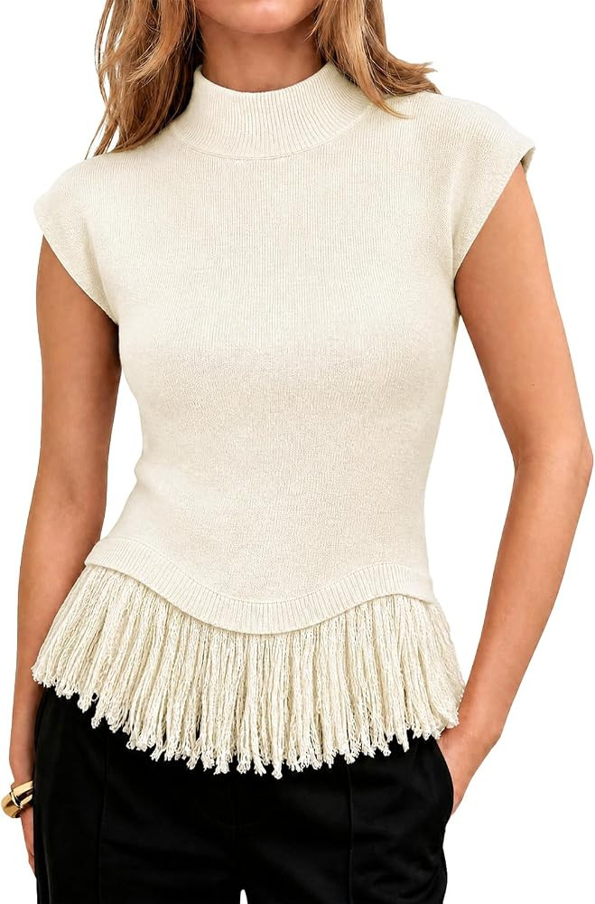Flowyair Womens Cap Sleeve Sweater Vest Fringe Mock Neck Knit Tank Tops | Amazon (US)