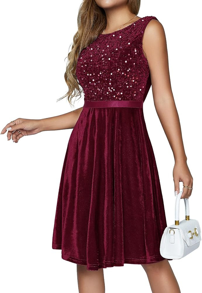 HomRain Women's Velvet Dresses Boat Neck Sleeveless Sequin Dress for Evening Party Formal Dress | Amazon (US)