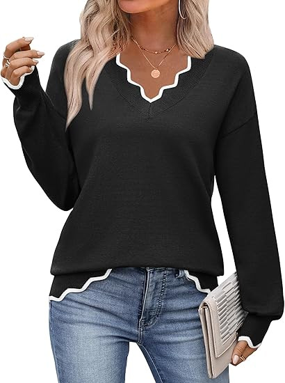 Zeagoo Women's 2026 Fall V Neck Sweater Casual Long Sleeve Lightweight Ribbed Knit Pullover Sweat... | Amazon (US)