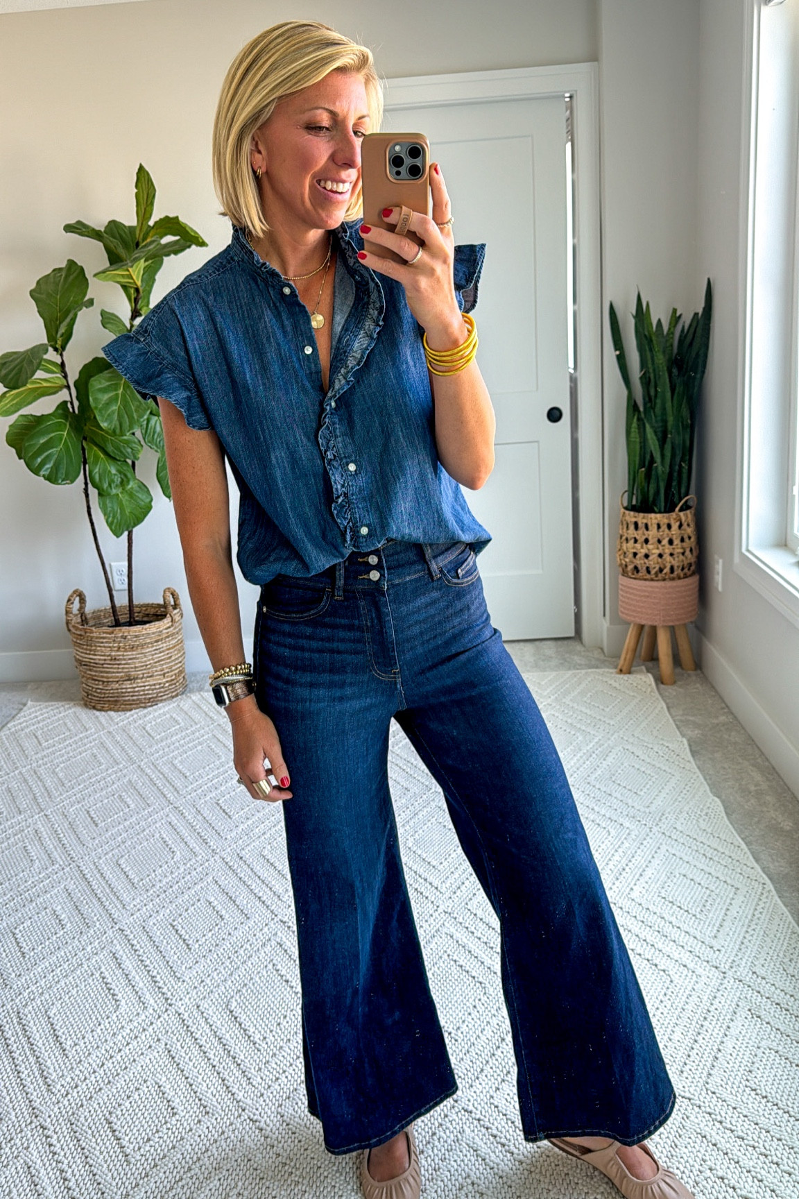 Denim on denim looks so chic & pulled together! These are both the perfect wear now- wear later pieces! Layer the blouse with a blazer or cardigan, pair the jeans with boots 👏🏻
Wearing my tts small in the top & size my tts 27 in the jeans 

#LTKStyleTip #LTKWorkwear #LTKOver40