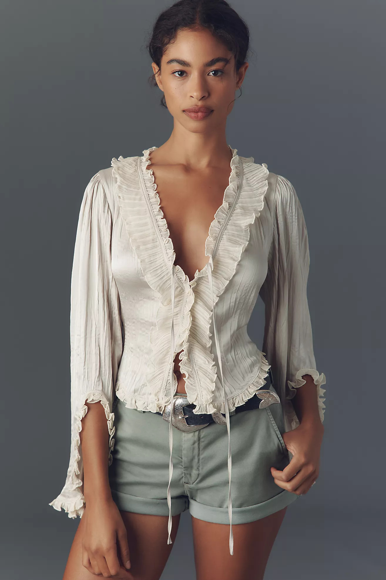 By Anthropologie Long-Sleeve Ruffled Tie-Front Top | Anthropologie (US)