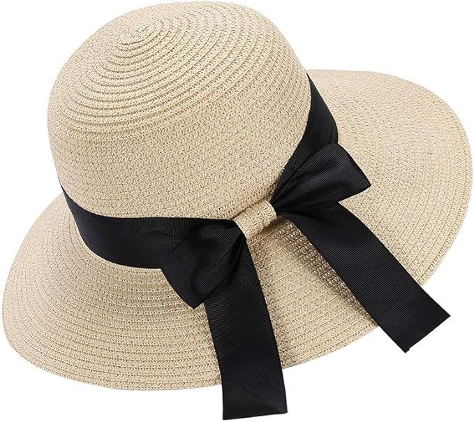 Women Summer Straw Sun Hat, UV Protection Beach Cap Foldable Visor Floppy Hats Wide Brim with Str... | Amazon (US)