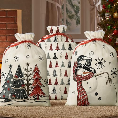 Horaldaily 3PCS Christmas Gift Bag Sacks for Presents 16x20 Inch,Christmas Tree Snowman Stocking Storage Sack Present Xmas Gift Bags Party Favors Bags | Amazon (US)