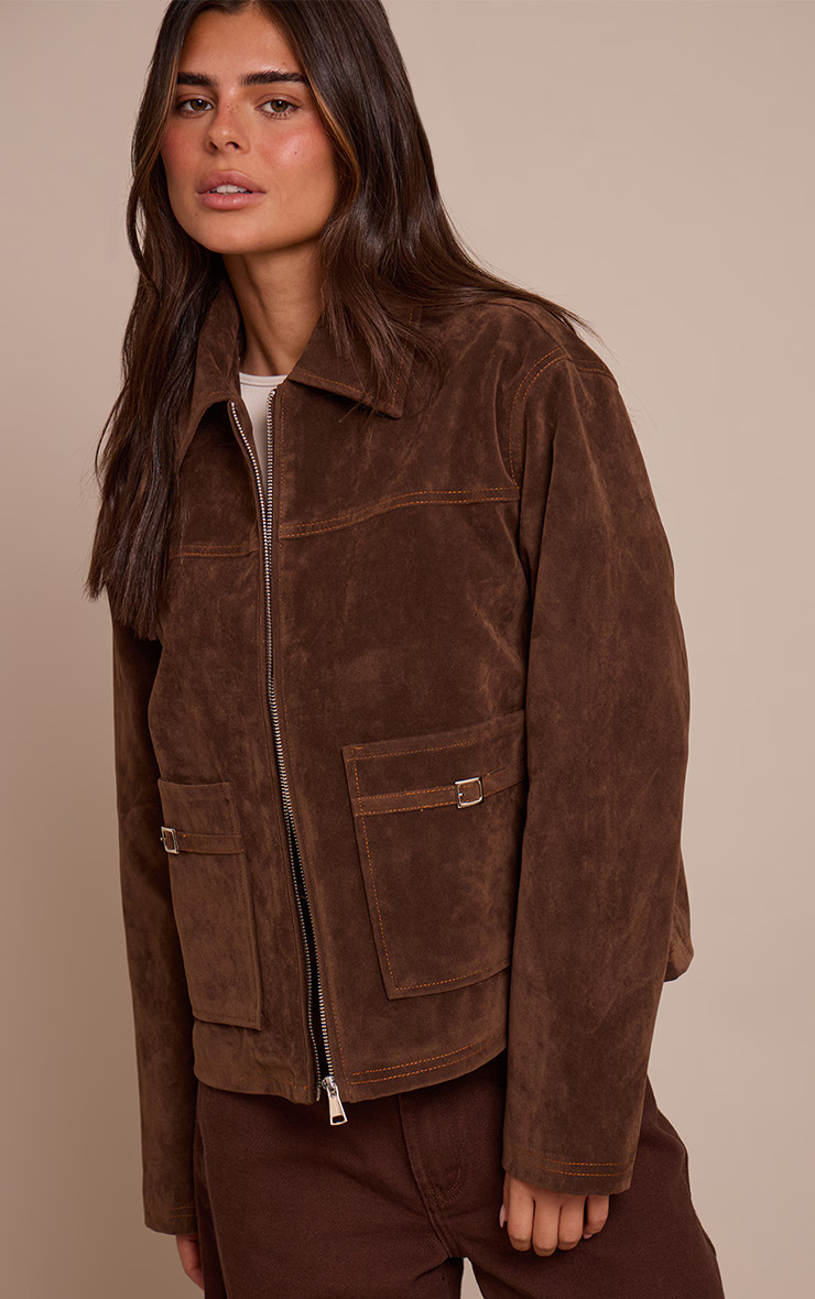 Chocolate Brown Pocket Detail Faux Suede Jacket | Pretty Little Thing (Australia & New Zealand)