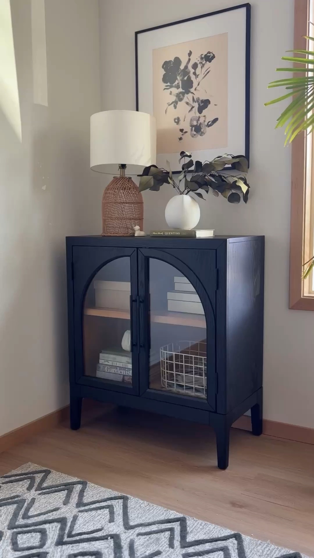 Organizing my office with this lovely new cabinet. The mix of black and oak and arch makes all my design dreams come true. Add so much to a little space! Styled with a mix of books, boxes, baskets, and vases. 