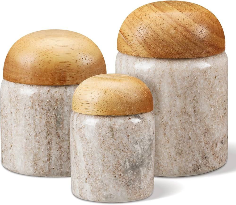 Suclain 3 Pcs Marble Salt Cellar with Wooden Lids Stone Salt Container & Spice Jars Canister Set ... | Amazon (US)