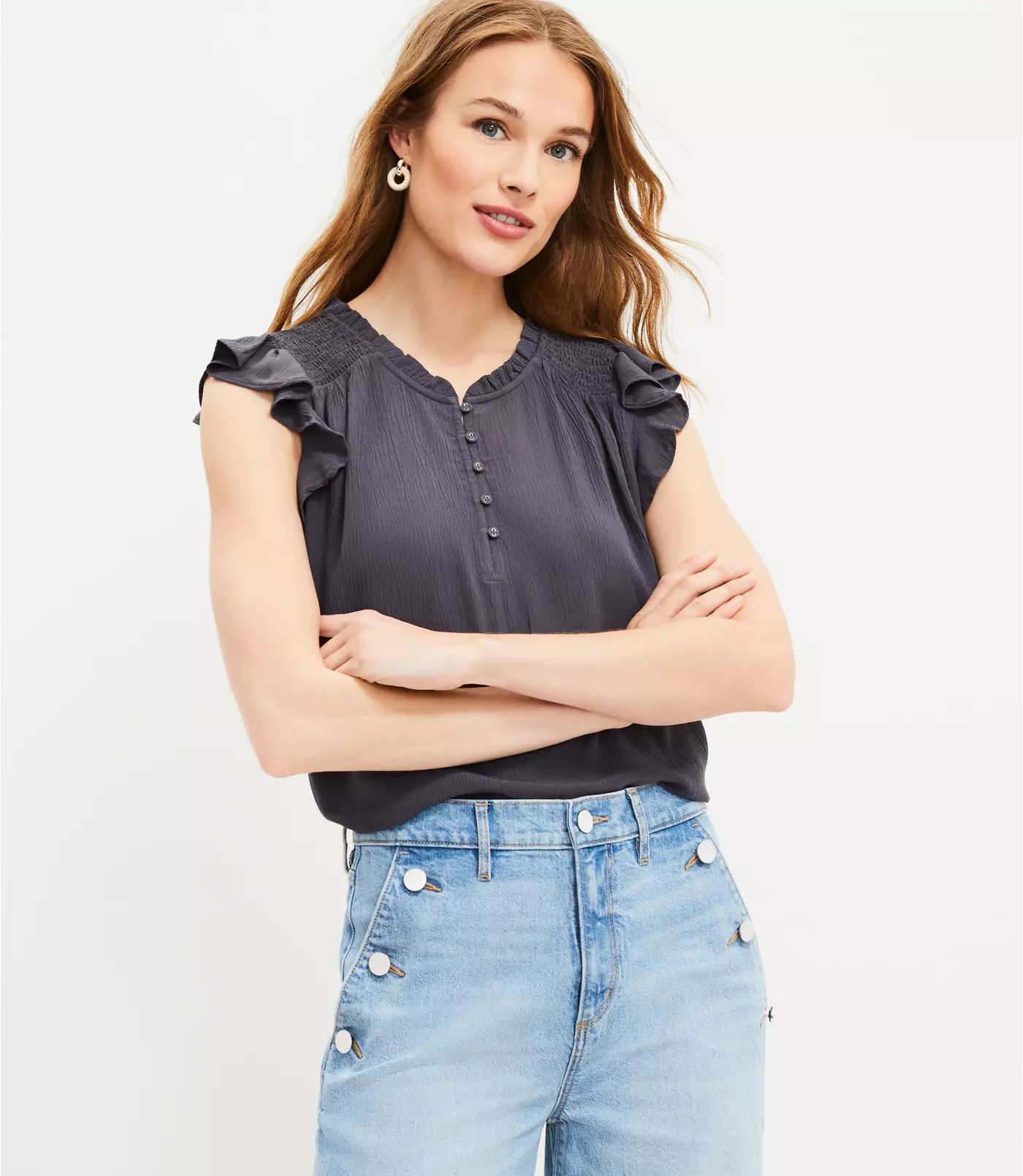 Ruffle Button Mixed Media Top | LOFT