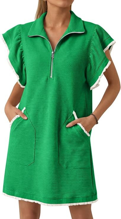 Cicy Bell Womens Ruffle Cap Sleeve Sweatshirt Dress Summer Oversized V Neck Quarter Zip Mini Dres... | Amazon (US)