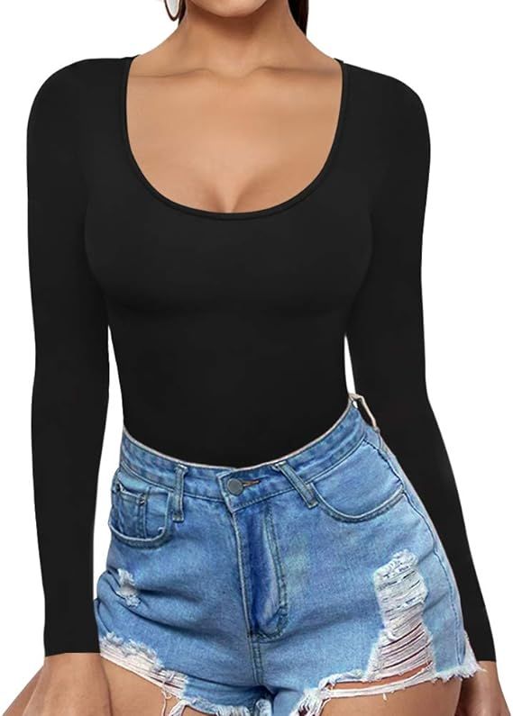 MANGOPOP Womens Scoop Neck Short Sleeve Long Sleeve Slim Fit T Shirt Tunic Tops Tee | Amazon (US)