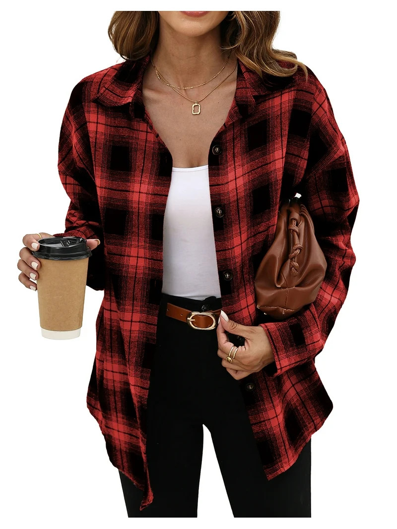 Fantaslook Plaid Flannel Shirts for Women Oversized Long Sleeve Button Down Shirts Blouses Tops | Walmart (US)