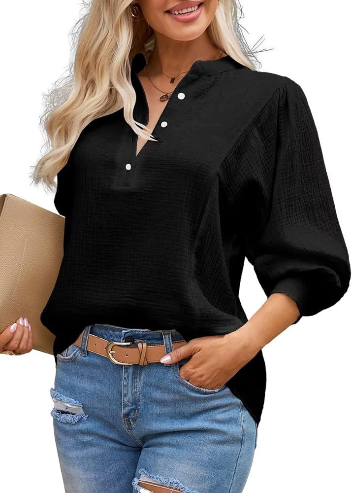Astylish Women Henley Shirts 2024 Lantern Sleeve Top V-Neck Button Pleated Texture Basic Blouse | Amazon (US)