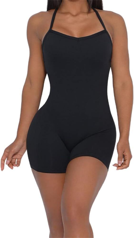Nude Feeling Yoga Jumpsuit Backless Cross Rompers Women Catsuit Bodysuit Sleeveless Solid Sport S... | Amazon (US)