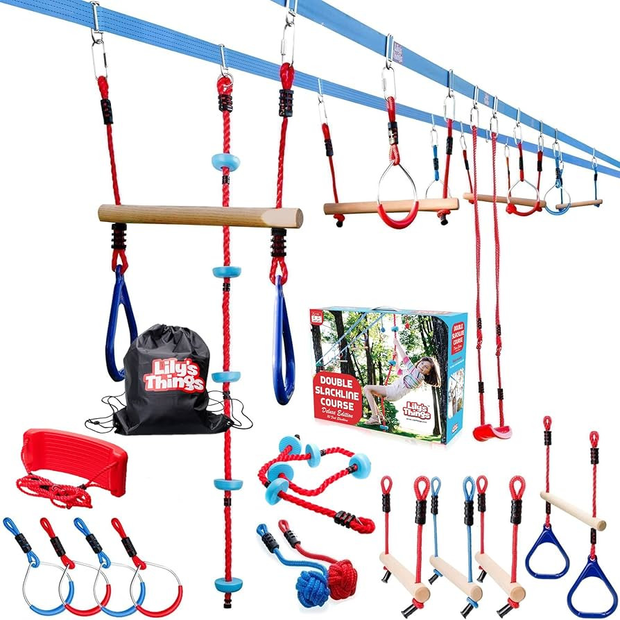 Double Ninja Slackline Obstacle Course for Kids | 80 Foot Line | Monkey Bars Playground Equipment... | Amazon (US)
