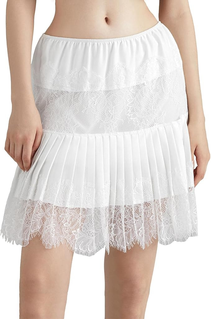 Women Lace Skirt Ruffle Mini Skirt Half Slip Layered Pleated Flowy Skirt | Amazon (US)