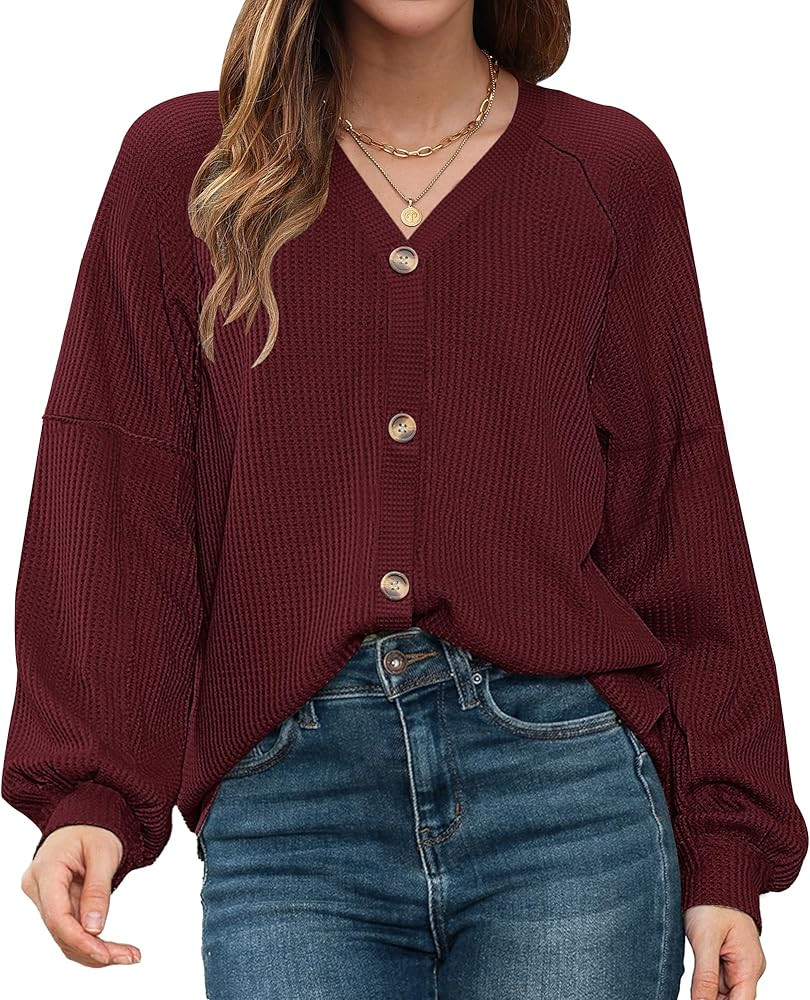 WNEEDU Womens Waffle Knit Button Down Tops Loose Long Sleeve V Neck Casual Shirts 2024 Fall Blous... | Amazon (CA)