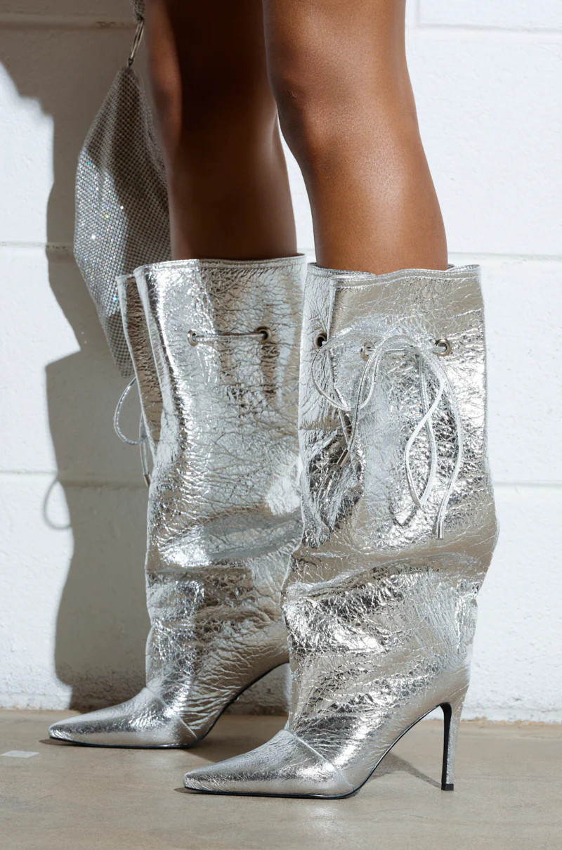 AZALEA WANG MARIT SILVER CRACKLE BOOT WITH CINCHING MECHANISM | AKIRA