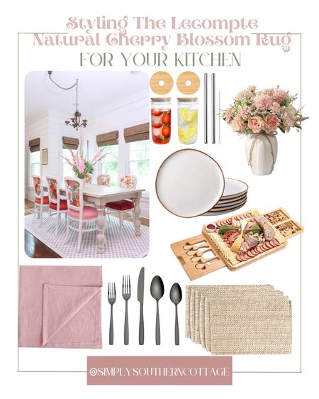 Styling the lecompte natural cherry blossom rug in your kitchen!

Area rug, kitchen rug, mason jars, cups, glasses, flower arrangement, linens, placemats, silverware, utensils, charcuterie board, plates 

#LTKhome #LTKstyletip #LTKSeasonal