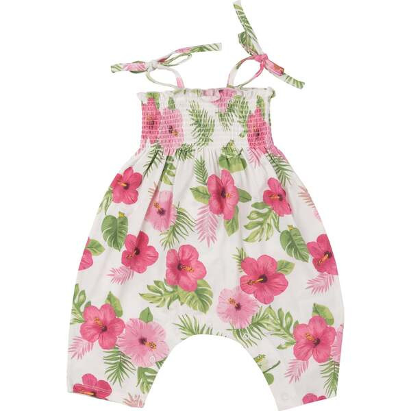 Hibiscus Tie Strap Smocked Romper, White | Maisonette