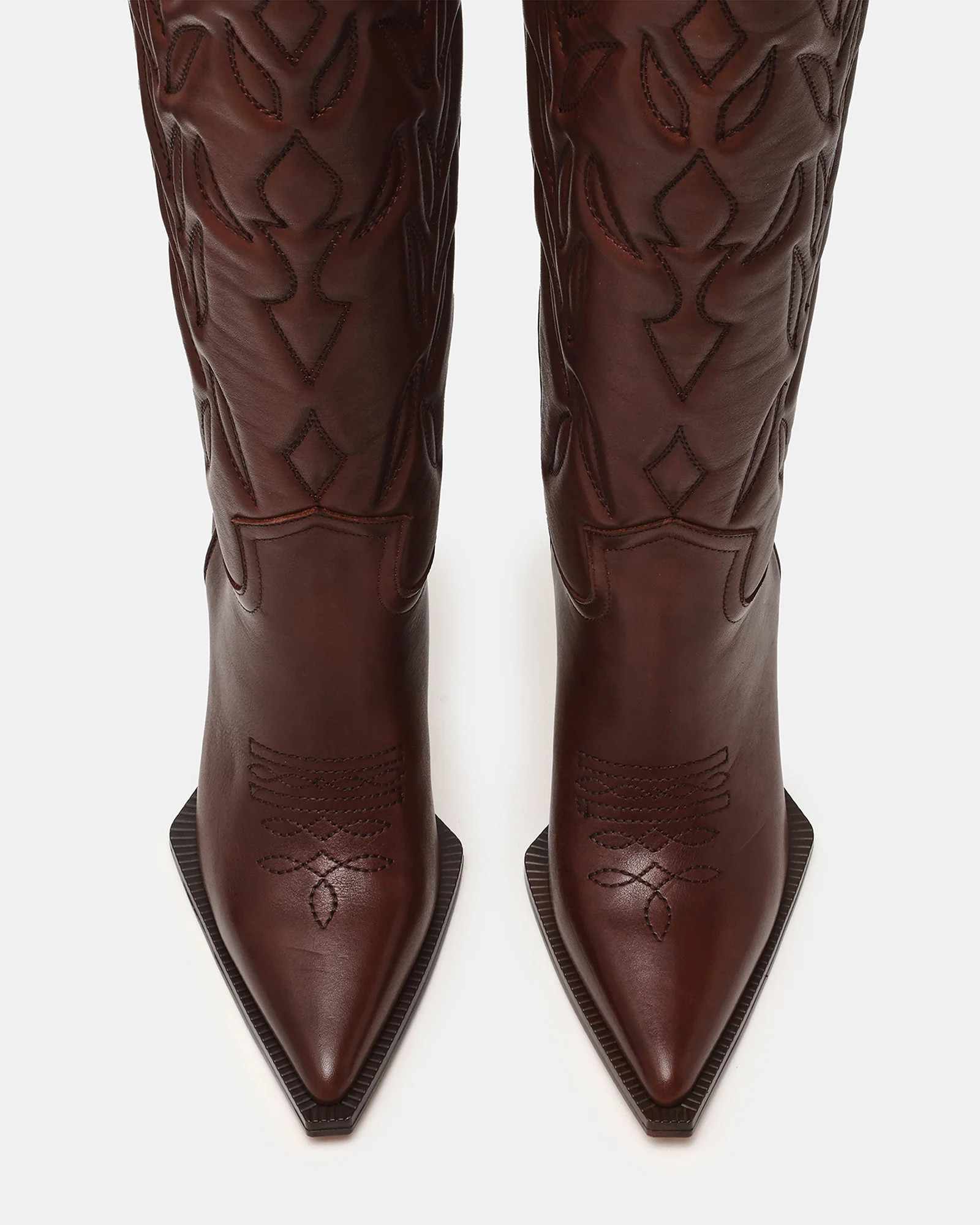 KINZEE Brown Leather Pointed-Toe Knee-High Western Stiletto Women's Boot | Steve Madden (US)