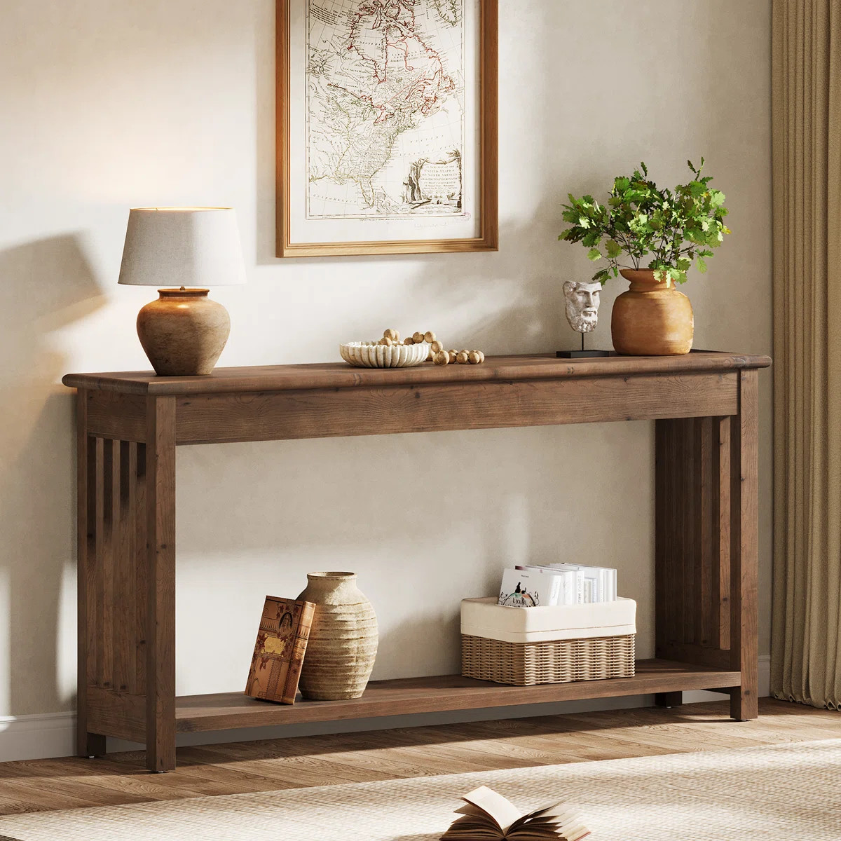 63-inch Solid Wood Console Table With 2-tier Storage, Farmhouse Entryway Table, Rectangular Long ... | Wayfair North America