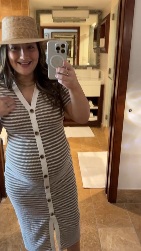 Faveee travel outfit! I own this dress in multiple colors, it’s that good!! 

Petite friendly and bump friendly!! I’m wearing a size small! 

Maternity friendly, but buttons are not functional for nursing! 

Summer dress, vacation dress, striped dress, midi dress, ribbed knit dress, summer sandals

#LTKBump #LTKTravel #LTKFindsUnder50
