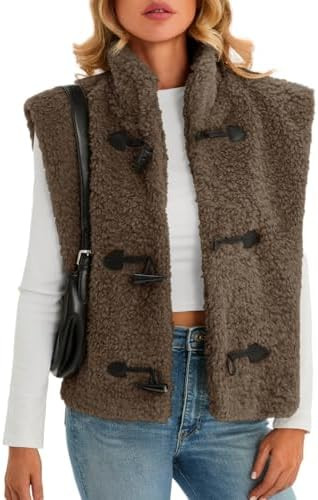 Tanakneo Womens Fuzzy Fleece Vest Cropped Sleeveless Sherpa Jacket Stand Collar Toggle Warm Outer... | Amazon (US)