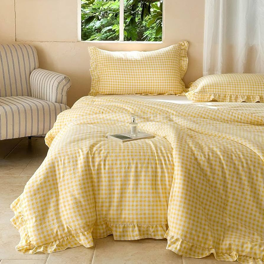 NSNLGSGC Yellow Ruffle Gingham Comforter Set King, Pre-Washed Ruffled Plaid Checked Comforter Bed... | Amazon (US)
