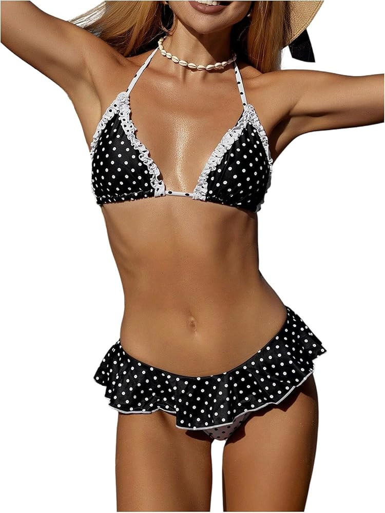WDIRARA Women's Polka Dots Bikini Sets Ruffle Triangle 2 Piece Swimsuit Tie Backless Bathing Suit | Amazon (US)
