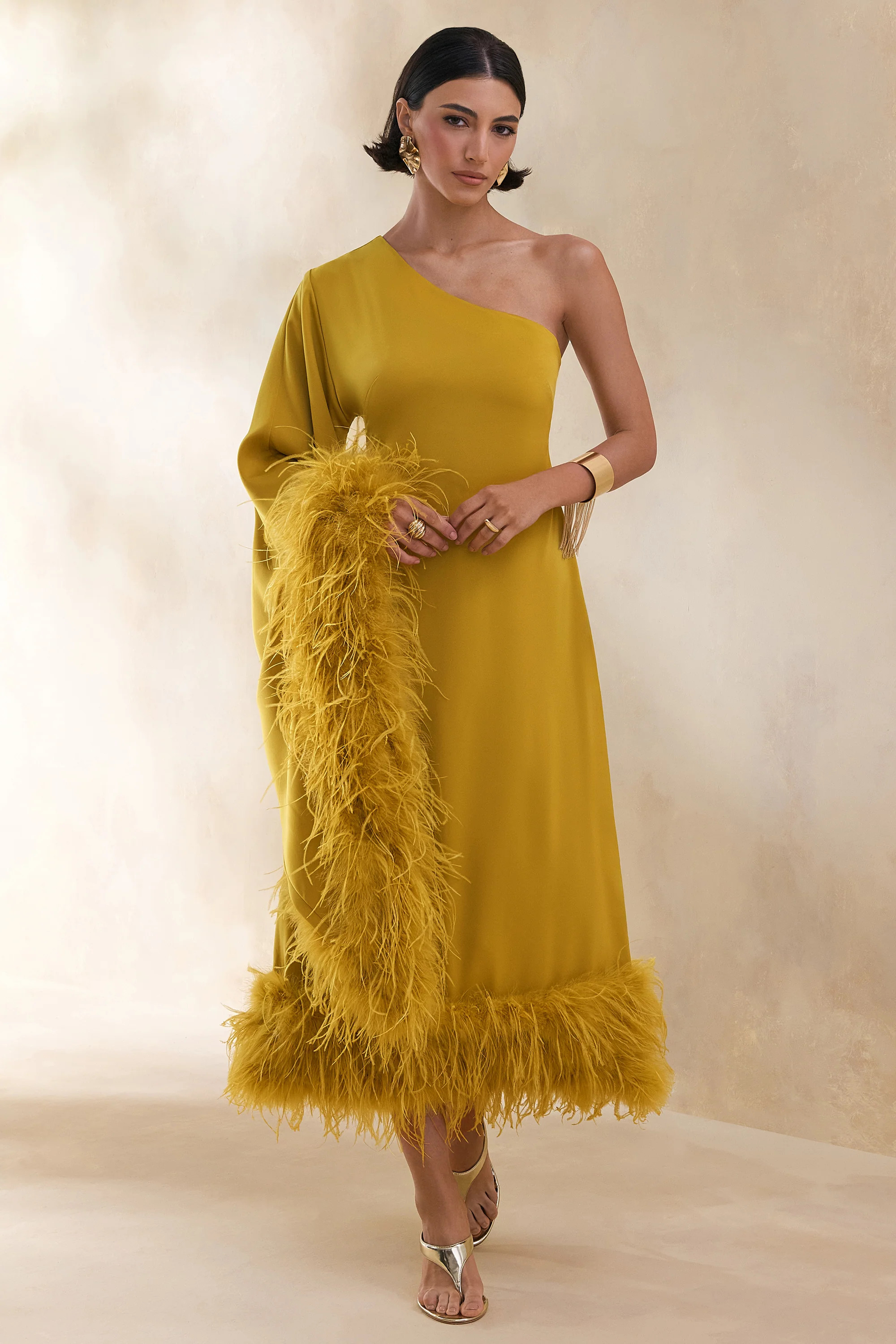 Destiny | Yellow Satin Asymmetric-Neck Midi Dress With Feather Details | Club L London