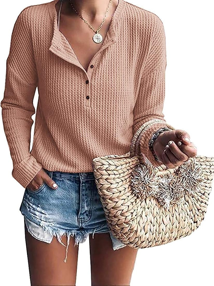 Womens Henley Shirts V Neck Long Sleeve Button Down Tops Warm Waffle Knit Tees | Amazon (US)