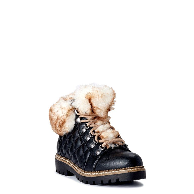 Scoop Women's Quilted Hiker Boots with Faux Fur Trim - Walmart.com | Walmart (US)
