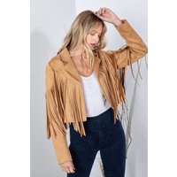 Camel Faux Vegan Suede Fringe Boho Western Moto Open Cropped Solid Casual Women's Jacket | Etsy (US)