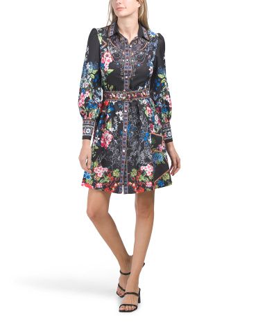 Long Sleeve Floral Border Print Shirt Dress | TJ Maxx