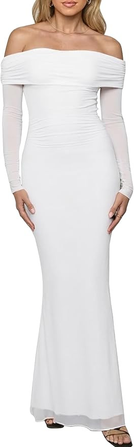 BORIFLORS Women's Elegant Off The Shoulder Bodycon Long Sleeve Maxi Dress Mesh Cocktail Party Wed... | Amazon (US)
