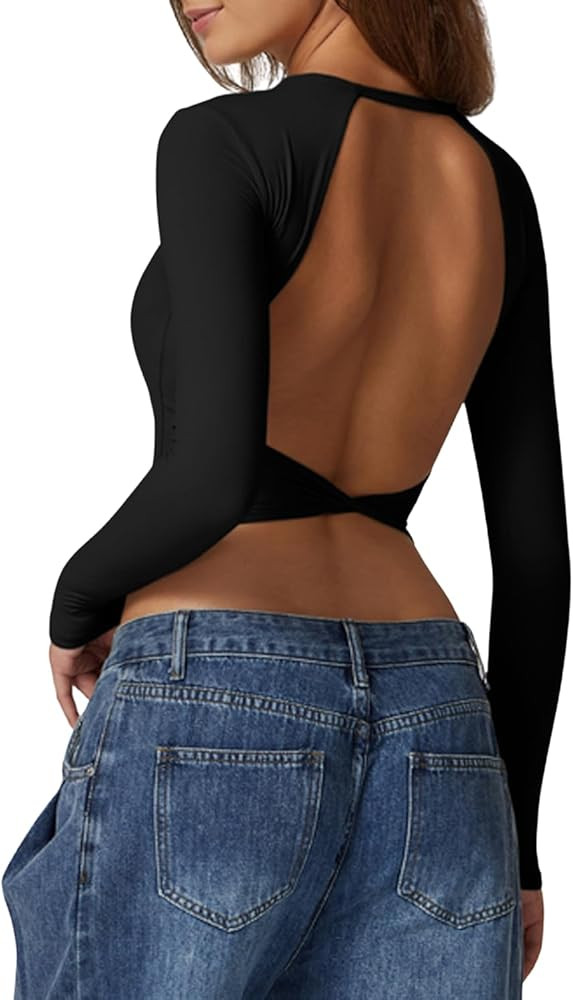 QINSEN Women's Crew Neck Open Back Long Sleeve Basic Crop Tops Stretch Backless Going Out Tee Shi... | Amazon (US)
