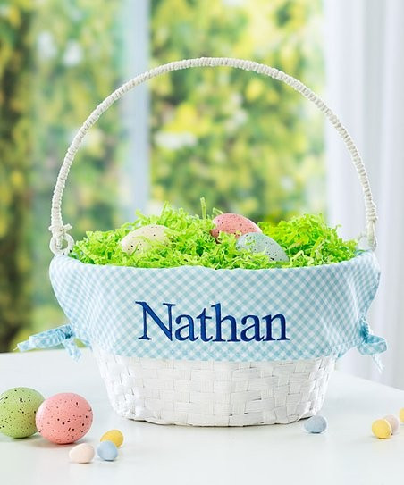 White & Blue Gingham Collapsible Handle Personalized Easter Basket | Zulily