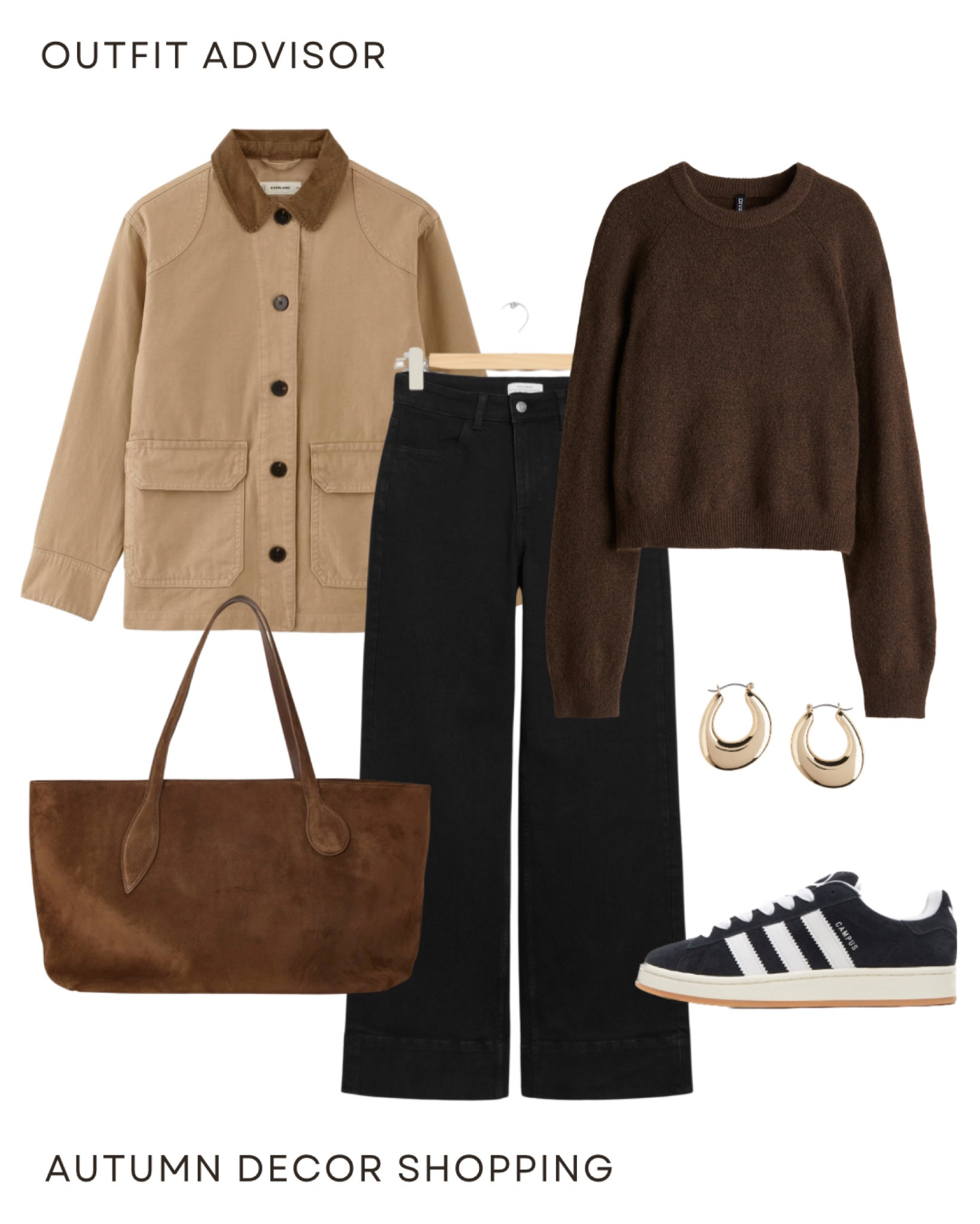 Casual autumn weather outfit inspo: a brown jacket, dark brown knit jumper, suede tote bag, adidas campus sneakers, black jeans and gold earrings 

#LTKstyletip #LTKautumn #LTKbag