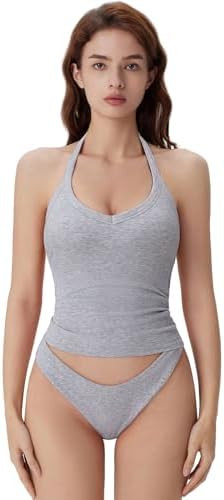 SUUKSESS Halter Tank Top for Women with Built in Bra Cotton Ribbed V Neck Cami | Amazon (US)