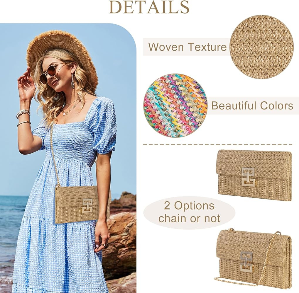 Straw Clutch Purses Women Summer Beach Handbags Boho Woven Envelope Wallet Fold Over Chain Crossb... | Amazon (US)