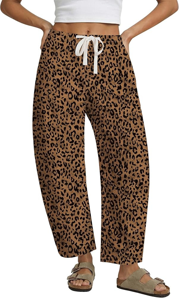 GRAPENT Barrel Jeans for Women Trendy High Waisted Pull On Wide Leg Cropped Leopard Cheetah Print... | Amazon (US)