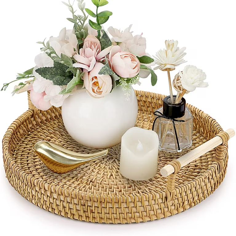 Rattan Round Serving Tray, Hand-Woven Rattan Tray Serving Tray with Handles, Wicker Tray Basket T... | Walmart (US)