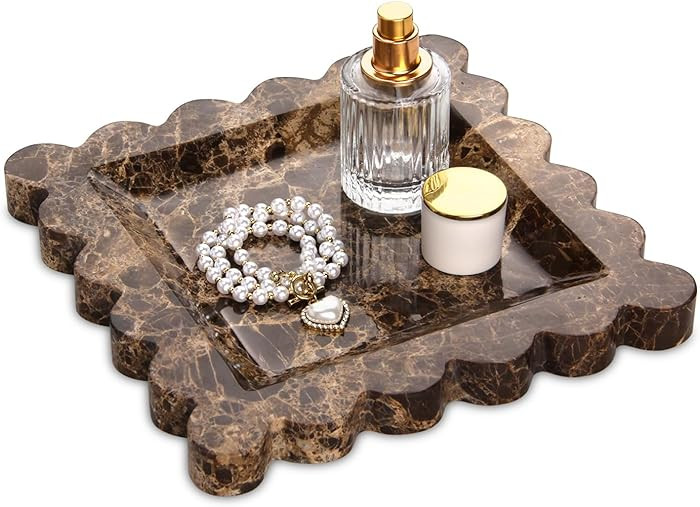 Square Marble Decorative Tray with Scalloped Edge,Luxury Natural Stone Bathroom Vanity Tray, Dres... | Amazon (US)