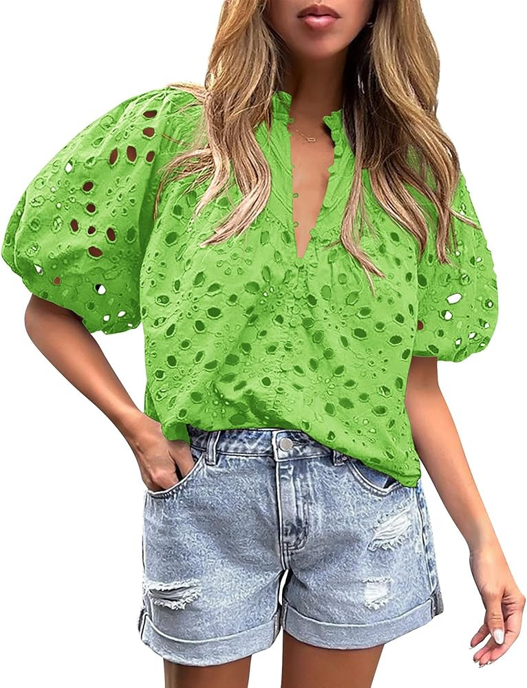 PRETTYGARDEN Women's Summer Tops 2025 Dressy Casual Short Sleeve V Neck Buttons Hollow Out Lace E... | Amazon (US)