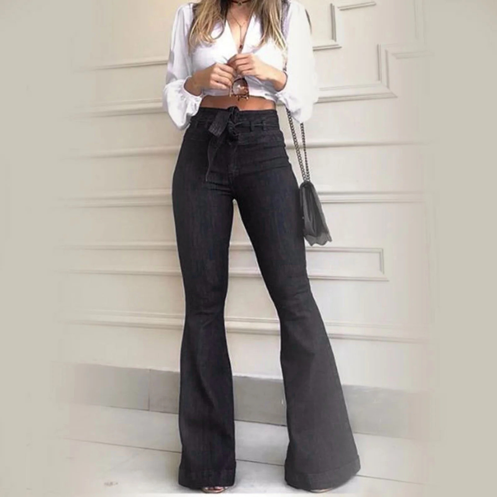 WANYNG women's pants Women Soild Destroyed Flare Jeans Elastic Waist Bell Bottom Hem Denim Pants ... | Walmart (US)