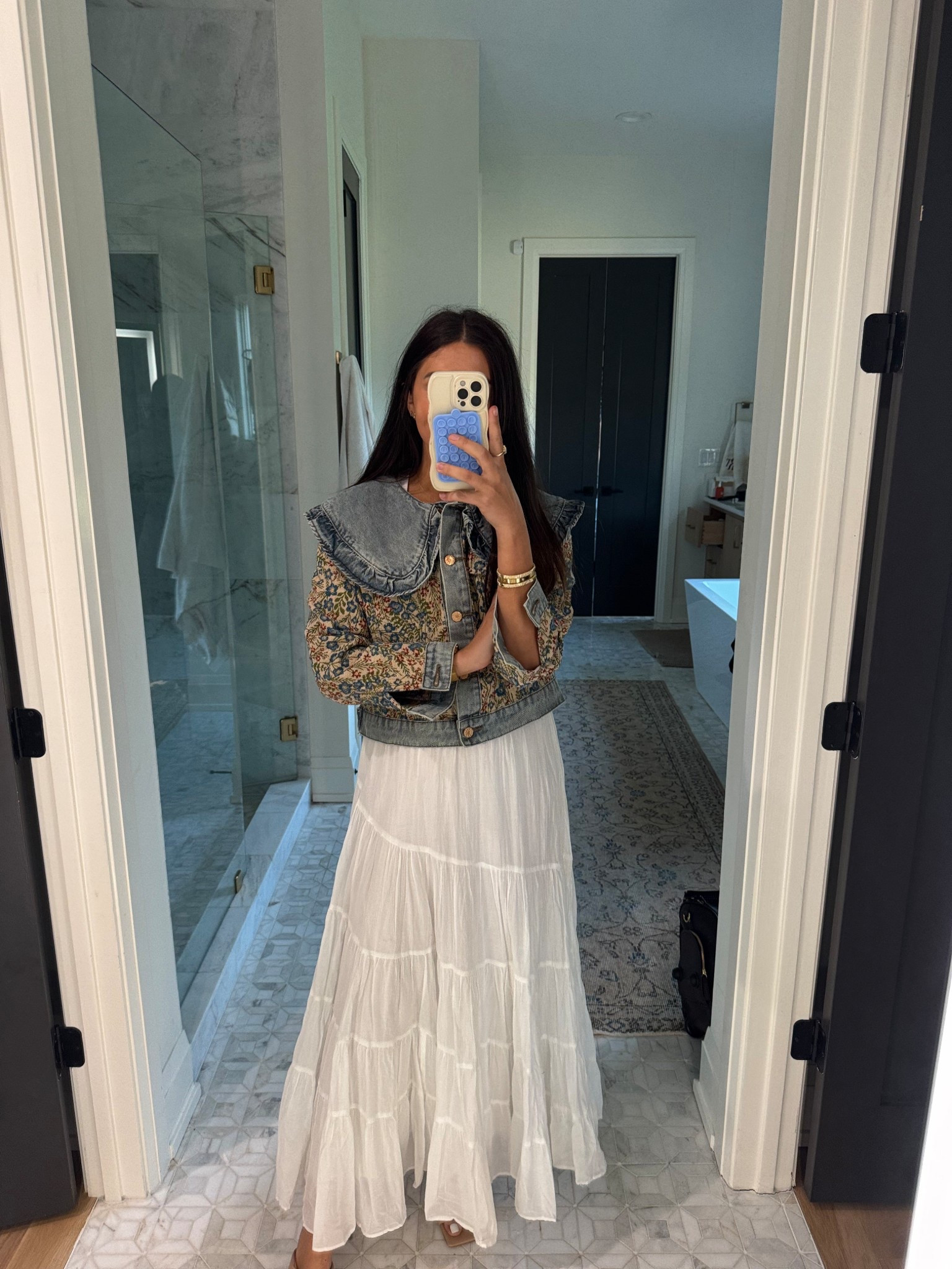 Jacket: medium
Skirt: small but it’s actually a dress lol trying to get my wear out of it.

Tried this a couple ways, ended up going with jeans for a more casual look but loved this too