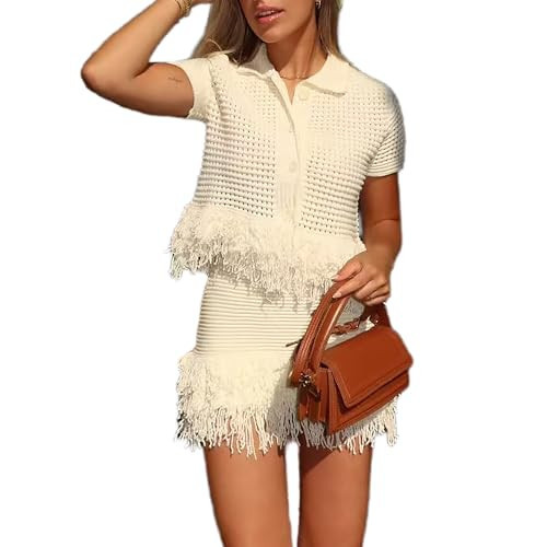 RISCUYY 2 Piece Skirt Sets for Women Short Sleeve Crochet Knit Top and Mini Skirt Casual Vacation Outfits | Amazon (US)