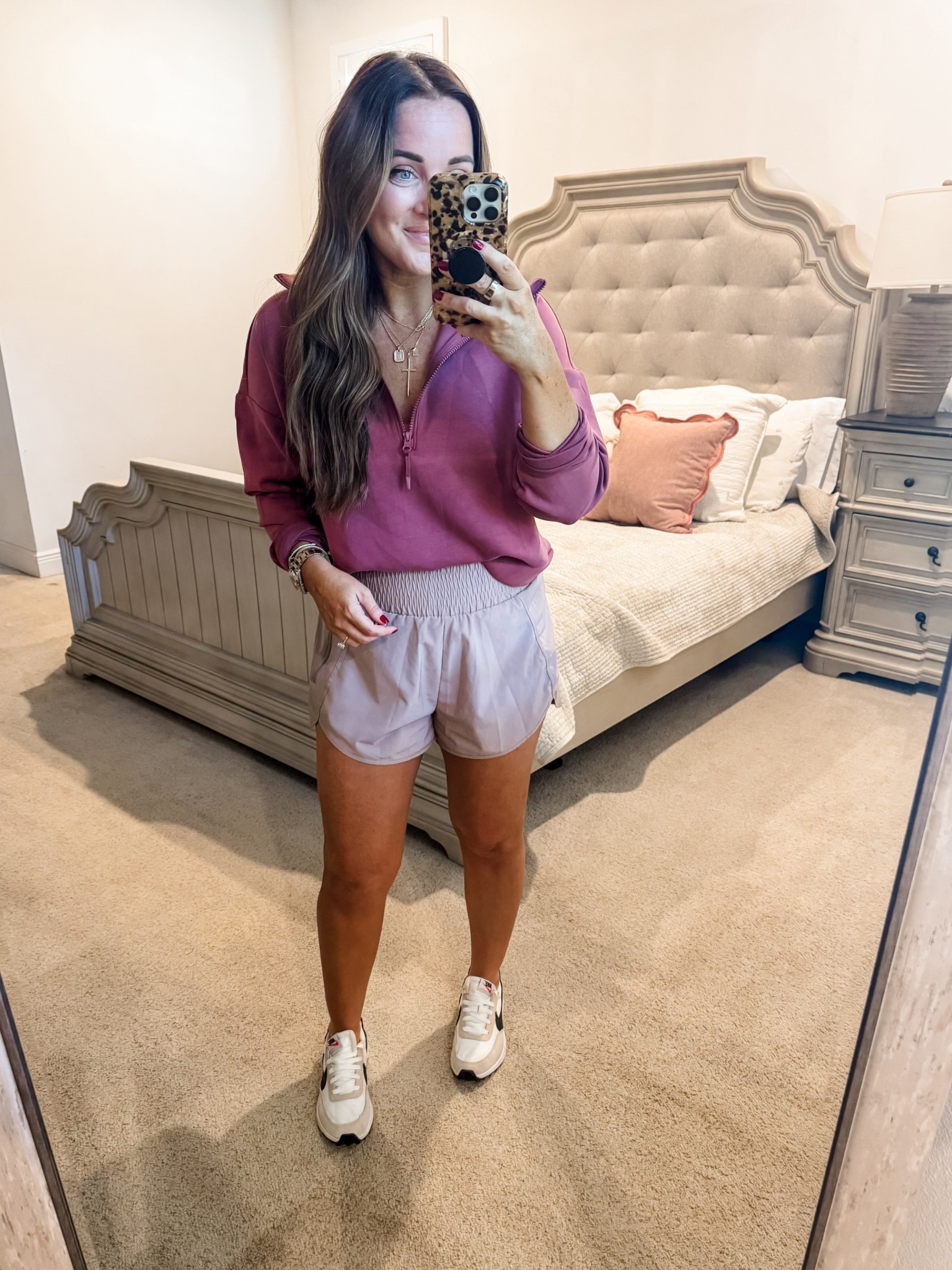 Pullover / Shorts - M (tts)
5’2” 145 lbs 
—
Walmart athletic | Affordable athletic gear | Varley dupe | Varley athleisure | Fall pullover | Cozy look | Toddler mom outfit 