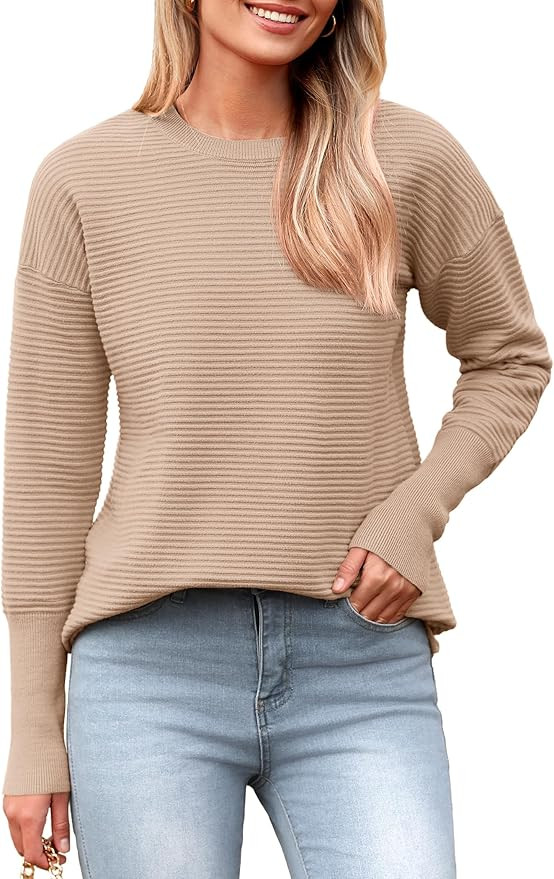 Zeagoo Women's Crew Neck Ribbed Knit Sweater 2024 Fall Long Sleeve Oversized Pullover Sweaters To... | Amazon (US)