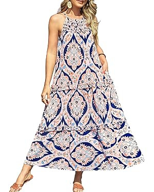GRACE KARIN 2026 Women's Floral Halter Maxi Dress Boho Summer Beach Sundress with Tiered Ruffle S... | Amazon (US)