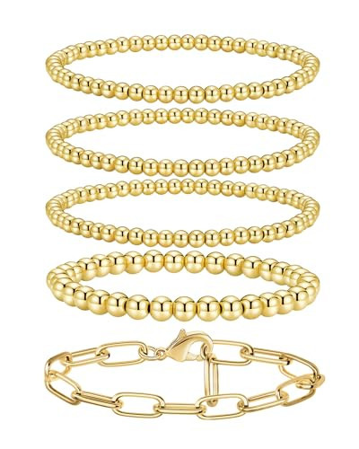 shownee Gold Beaded Bracelet for Women 14K Gold Plated Bracelets Gold Stretch Bead Ball Bracelet Hypoallergenic Stackable Bracelet Set 4mm 6mm Gold Beaded | Amazon (US)